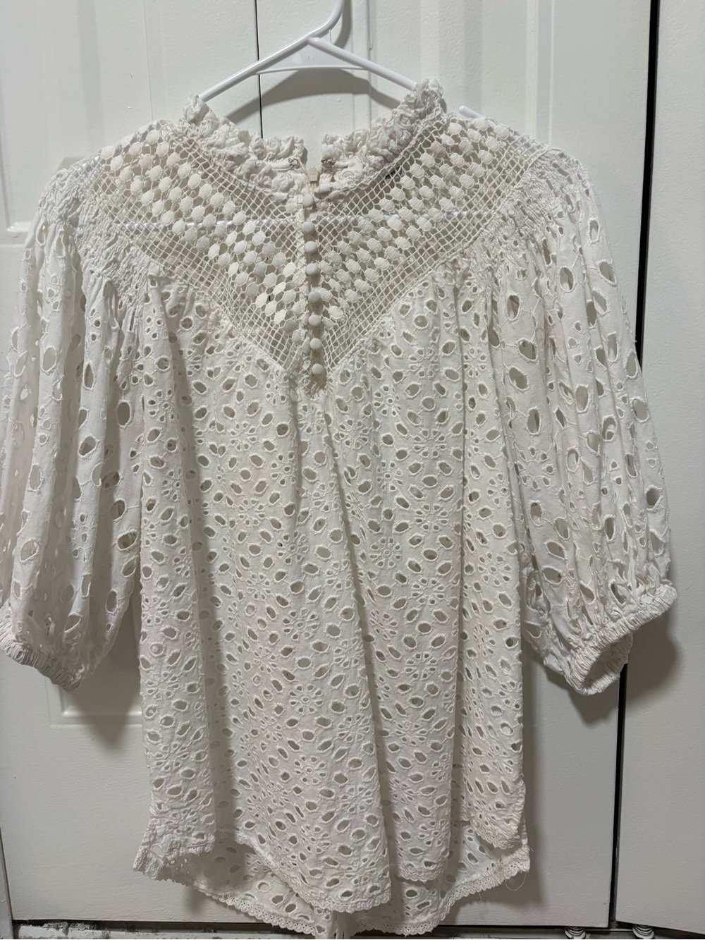 AllSaint White Tila Eyelet Cotton Sleeve Blouse